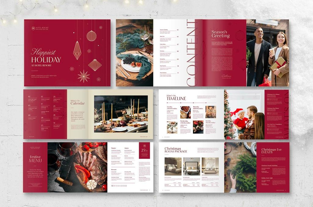 Christmas Brochure Festive Holiday Theme Layout in Red for InDesign