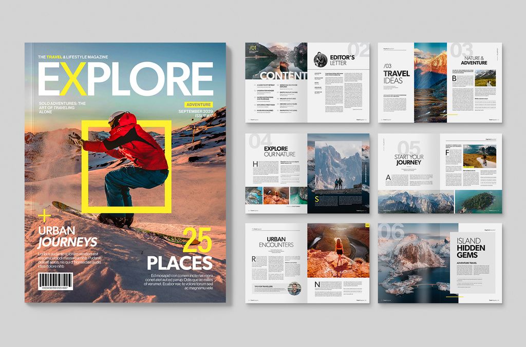 Travel Magazine Layout Modern Adventure Outdoor Explorer Book for InDesign