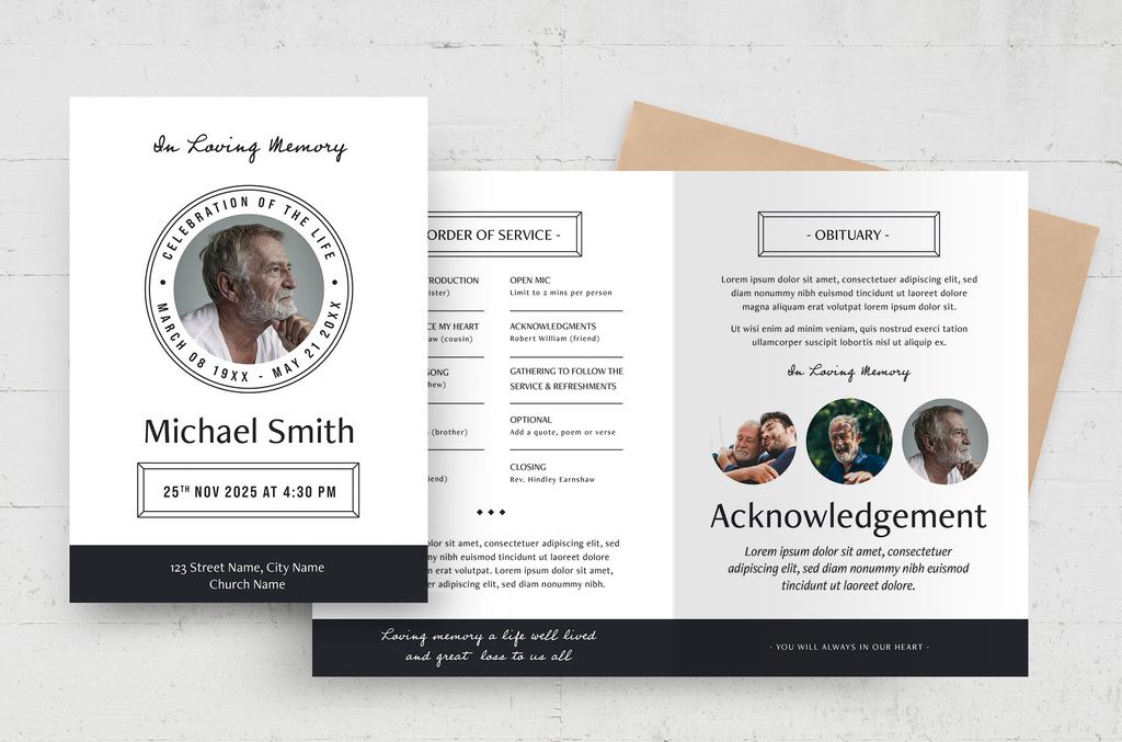 Simple Funeral Program Obituary Printable Layout for InDesign