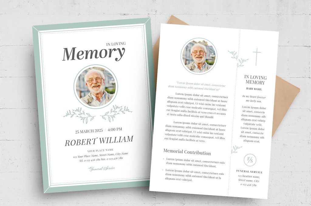 Memorial Service Obituary Announcement Funeral Program Card Layout for InDesign