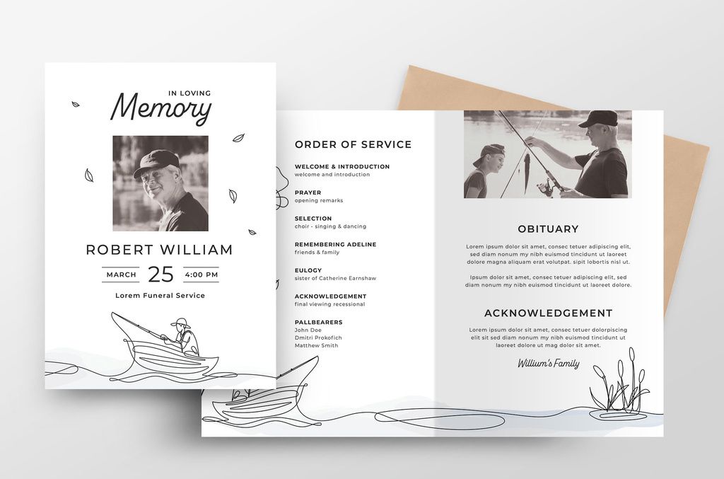 Funeral Program Layout with Fishing Fisherman Theme for InDesign