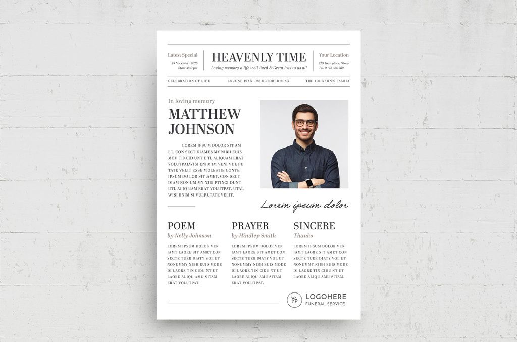Simple Newspaper Funeral Program Obituary Layout for InDesign