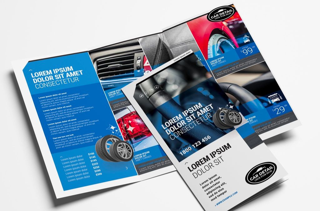 Trifold Brochure Layout for Car Wash and Detailing Services in AI format