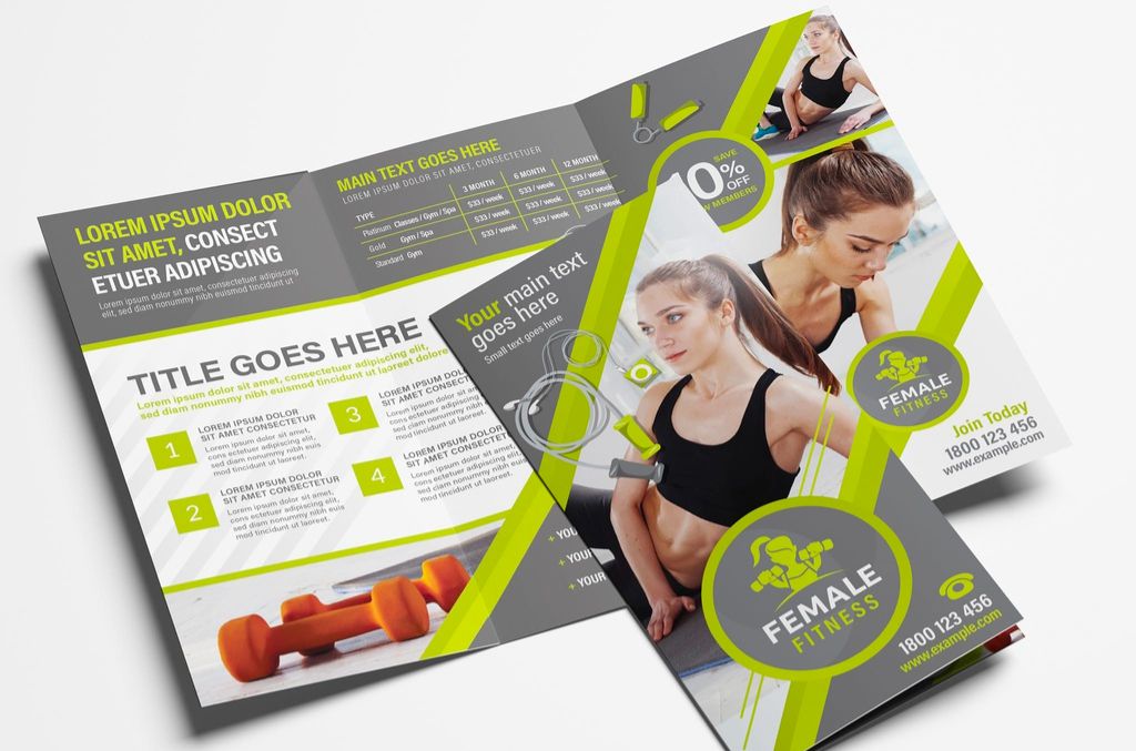Green Gym Fitness Trifold Brochure Layout in AI format