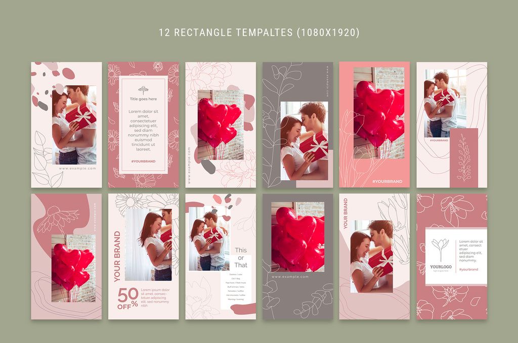Social Media Layouts with Floral Illustrations and Valentines Theme in Ai format