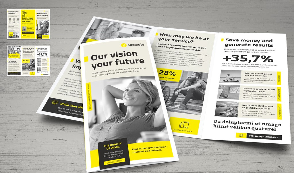 fBeige Trifold Brochure Layout with Yellow Accents INDD