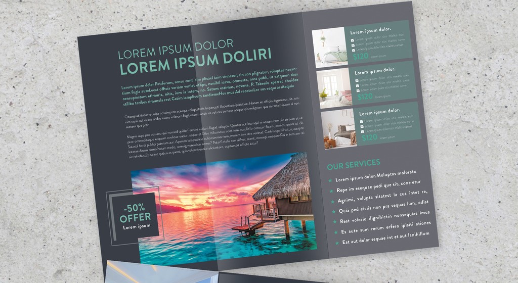Blue and Green Color Hotel Trifold Brochure INDD