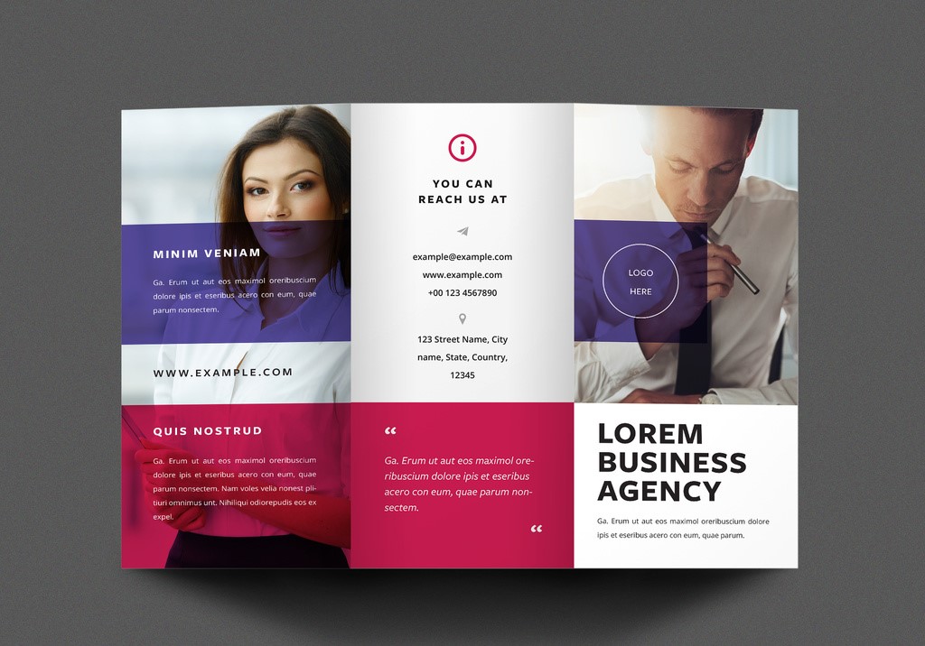 Business Trifold Brochure Layout with Red and Purple Overlays INDD