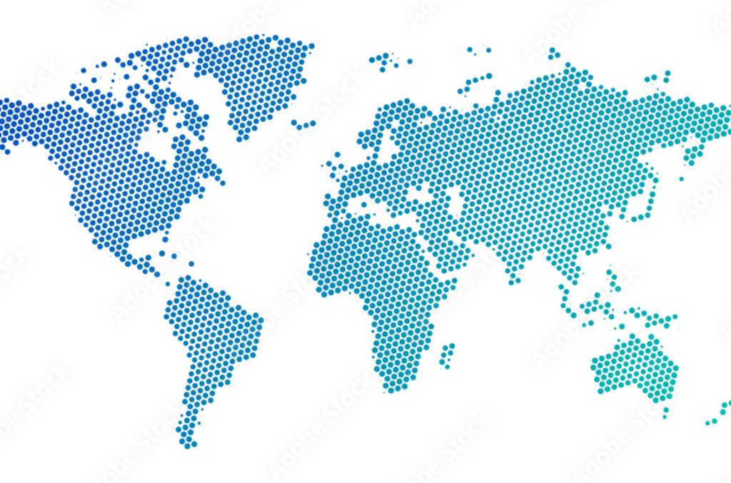 Black halftone dotted blue gradient world map in Vector Illustration