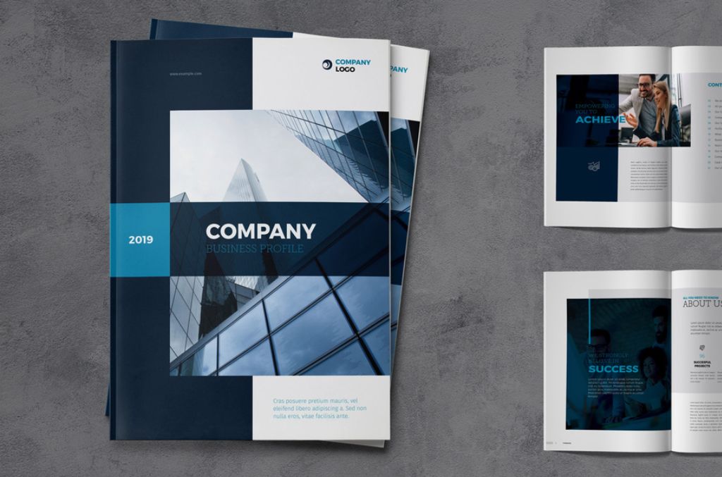 Company Profile Brochure Layout with Dark Blue Accents for InDesign INDD Format