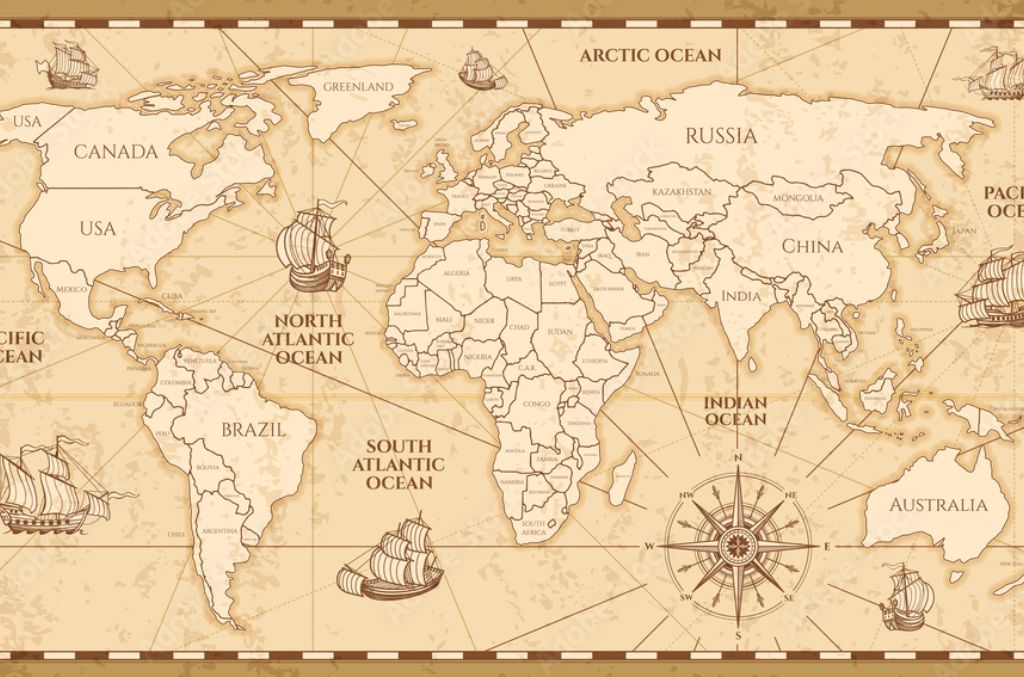 Antique World Map with Countries Boundaries in Vector Illustration
