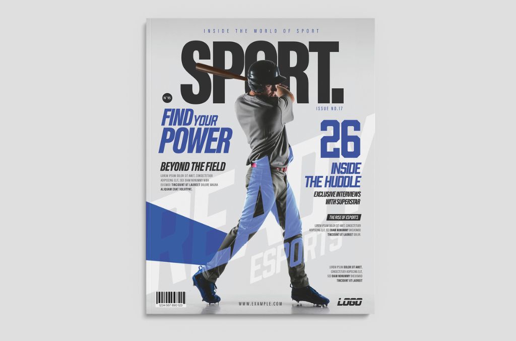 Sport Magazine Cover Layout Baseball Blue Theme for PSD Photoshop