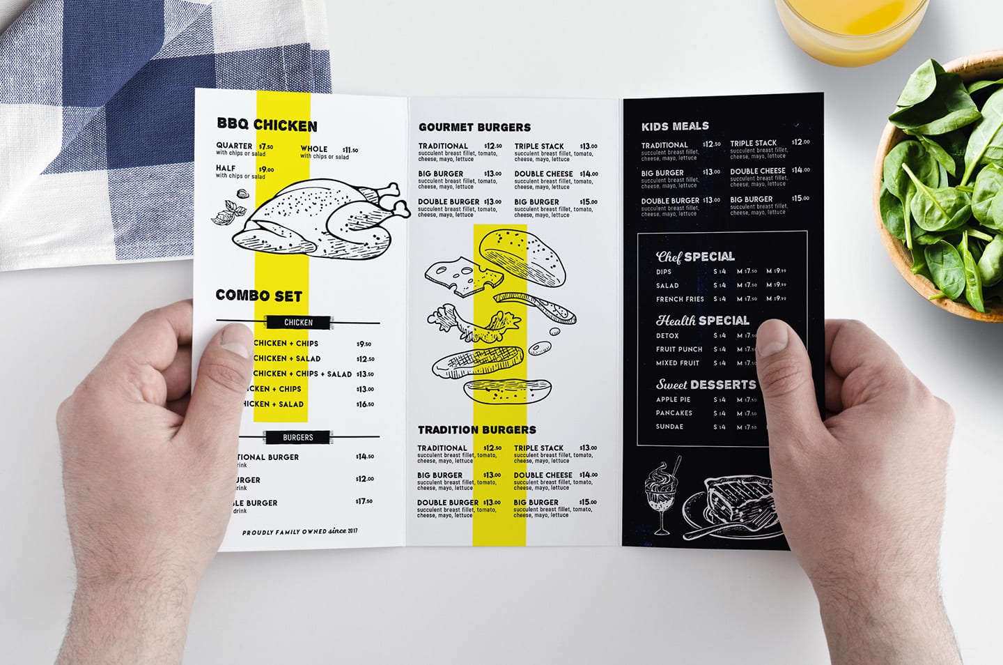 TriFold Food Menu Template for Restaurants in PSD, Ai & Vector