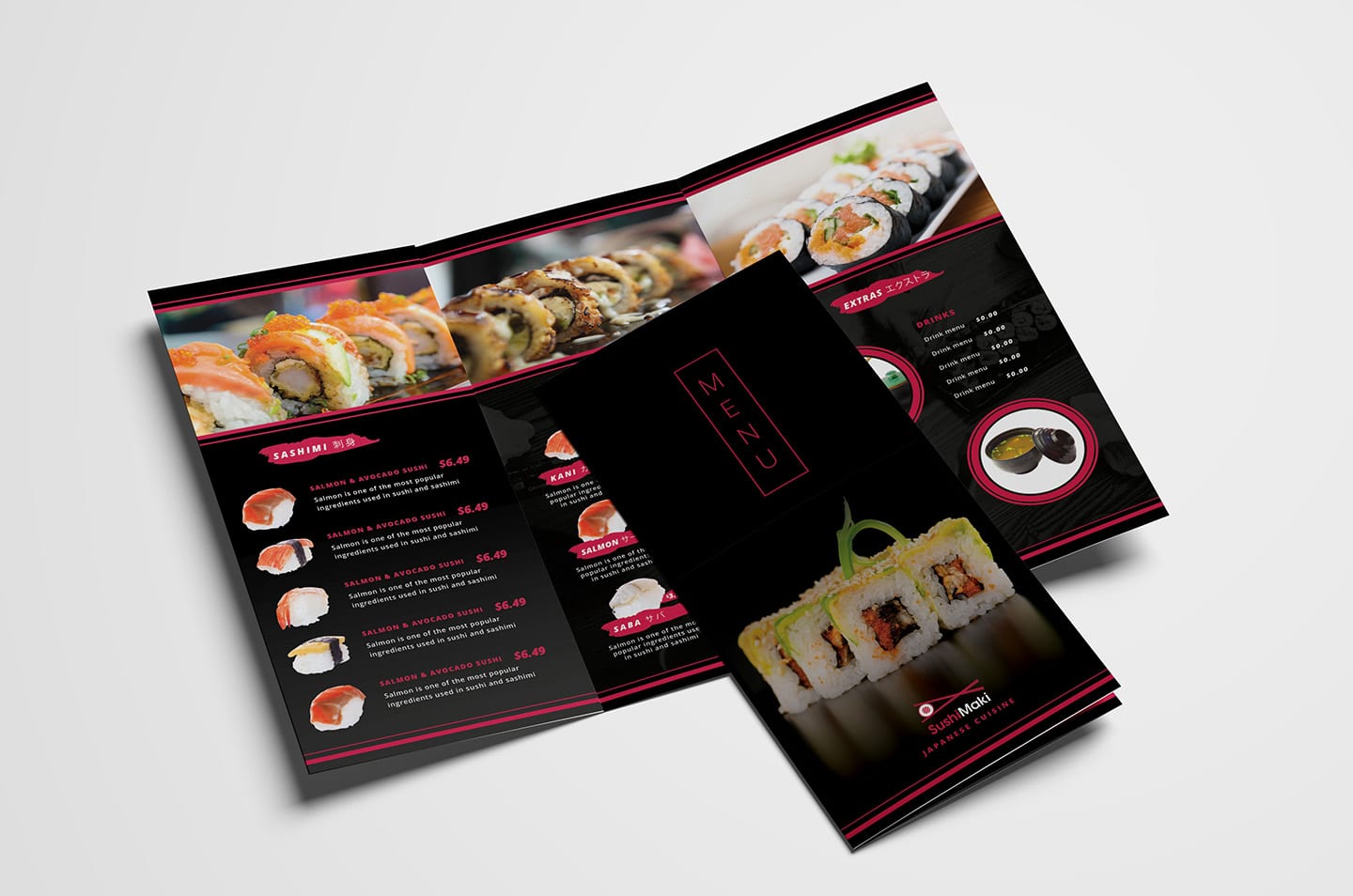 Dark Tri-Fold Sushi Menu Template in PSD, Ai & Vector - BrandPacks Inside Tri Fold Menu Template Photoshop