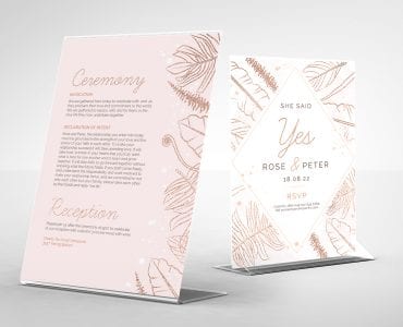 Rose Gold Wedding Table Tent Templates with Back Showing