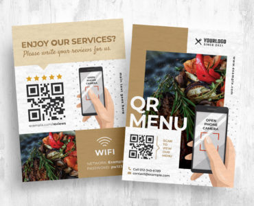 QR Code Flyer Postcard for Online Menu Bar Restaurants (Photoshop PSD & Illustrator Vector)