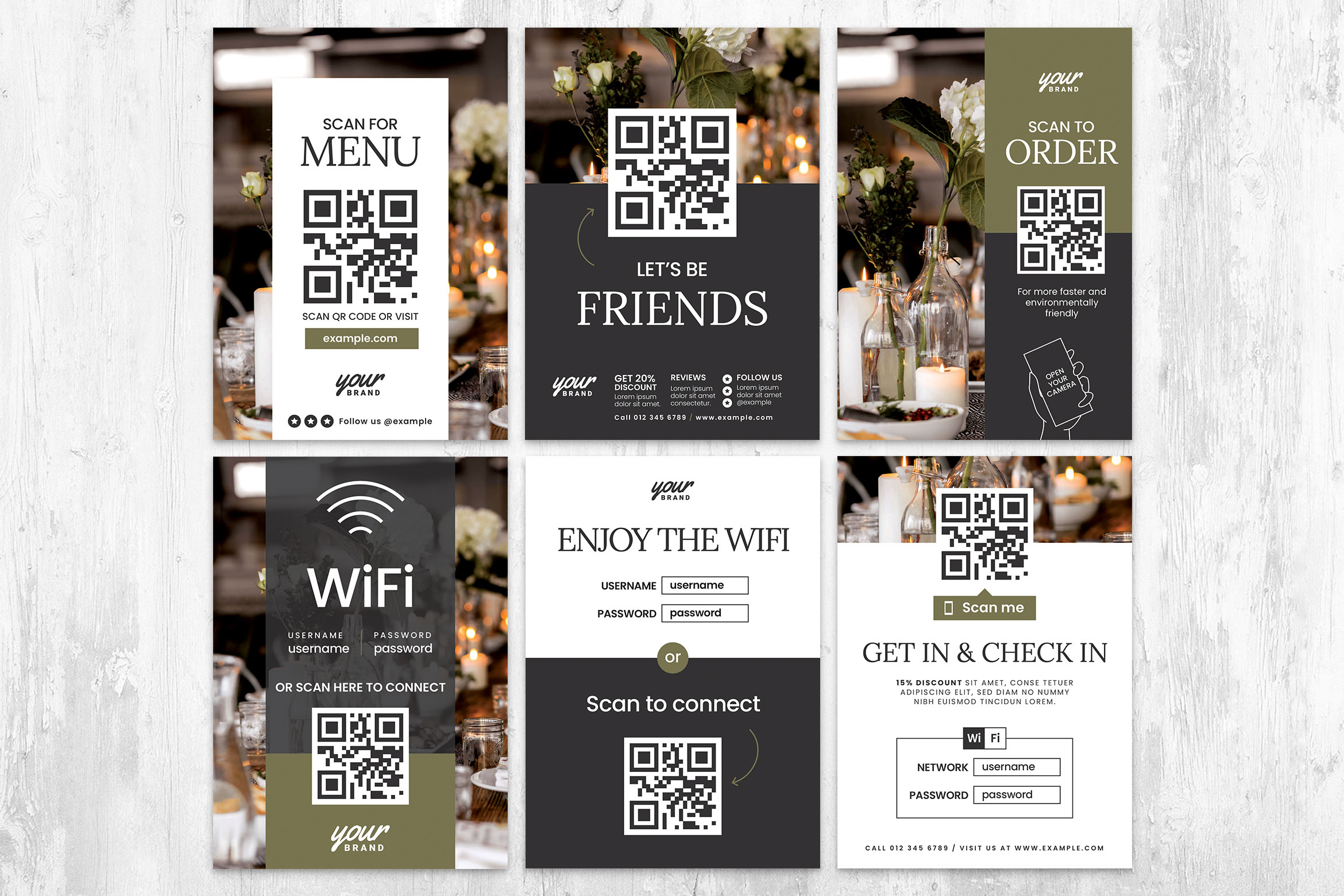 QR code examples of menu and wifi on flyers