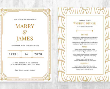 White & Gold Art Deco Wedding Invite Template Suite (PSD, Ai, Vector)