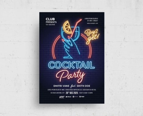 Neon Cocktail Party Flyer Template (PSD, AI, Vector Formats)