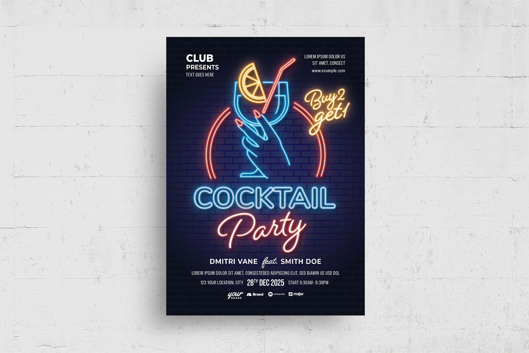 Neon Cocktail Party Flyer Template (PSD, AI, Vector Formats)
