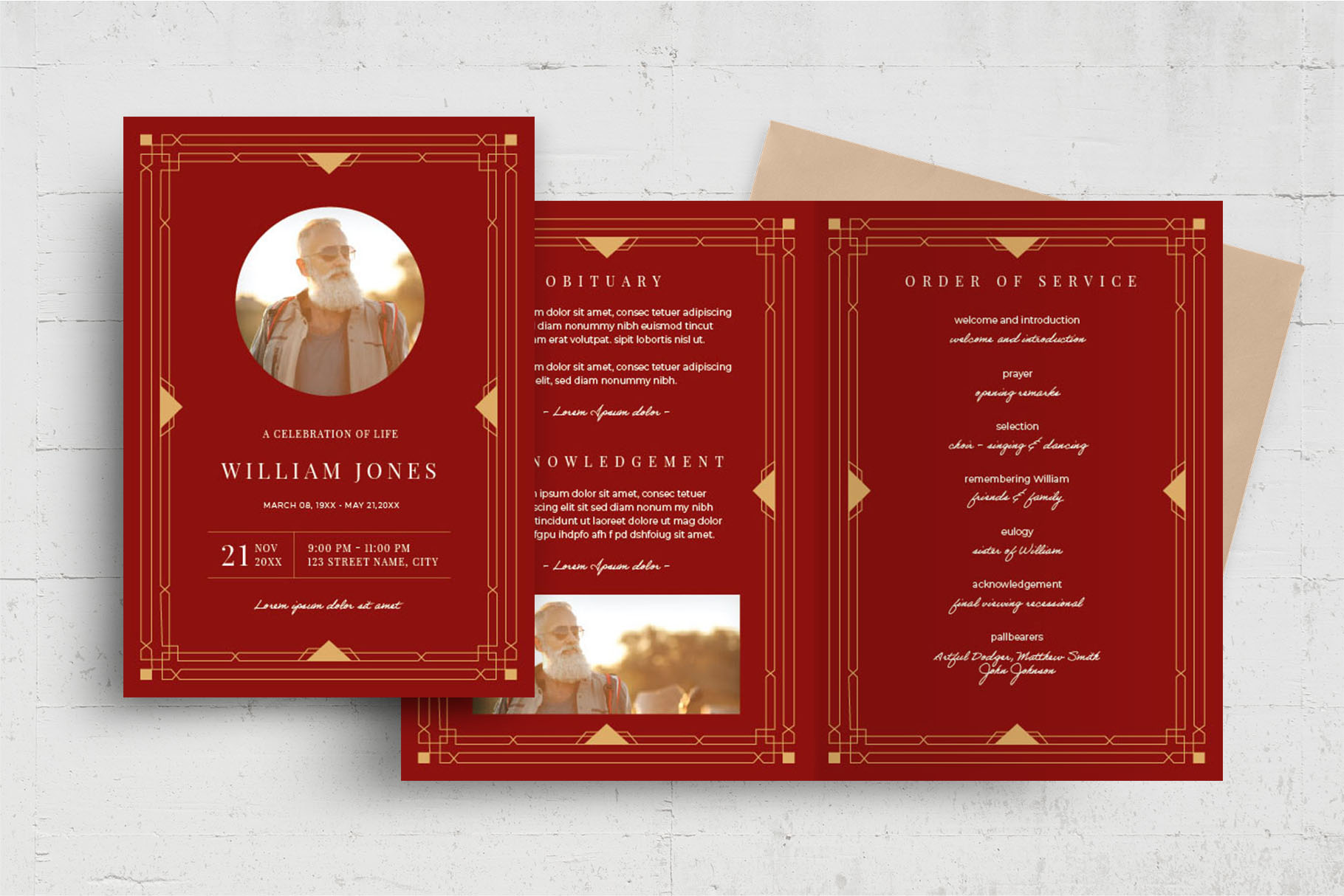 Red & Gold Funeral Program Template (PSD, AI, Vector Formats)
