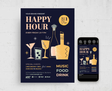 Retro Happy Hour Flyer (PSD, AI, Vector Formats)
