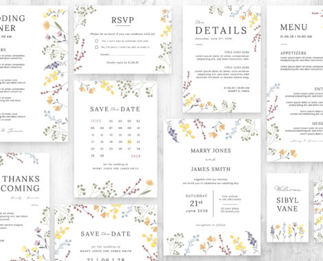 Simple Floral Wedding Invitation Templates Set (AI, EPS Format)