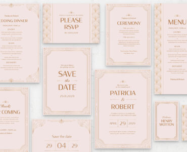 Pink Art Deco Wedding Stationery Templates (AI, EPS Format)