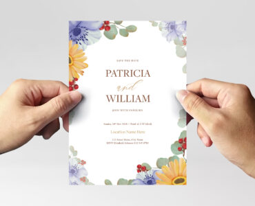 Wedding Card with Watercolor Flower Illustrations (PSD Format)